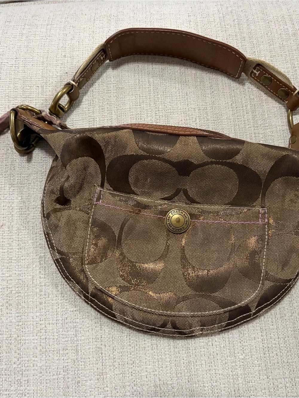 Vintage Coach Brown Signature Canvas Crescent Mini Shoulder Bag